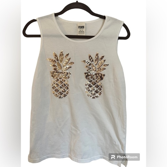 Pink Victoria secret tank top woman’s x sm  white with gold pineapple - Picture 1 of 2